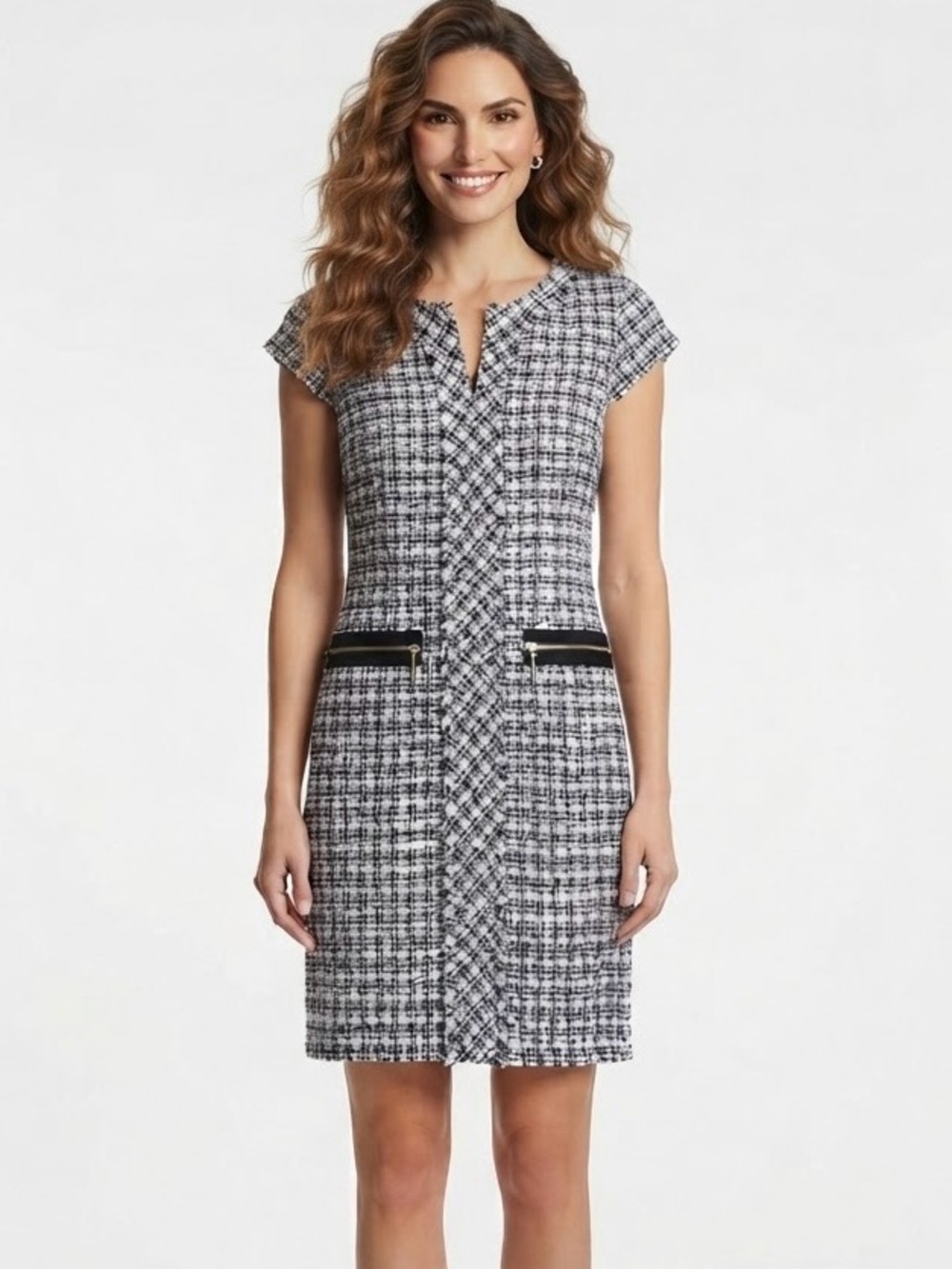 Karl Lagerfeld Paris Black White Tweed Boucle Sheath Dress Size 10 Cap Sleeve